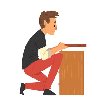 Man Assembling and Installing Wooden Nightstand, Manual Furniture Assembly Illustration vector