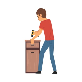 Man Assembling and Installing New Furniture, Male Worker Drilling Screw in Wooden Nightstand, Manual Furniture Assembly Illustration vector