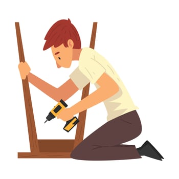Man Assembling and Installing New Furniture, Male Worker Drilling Screw in Wooden Stool, Manual Furniture Assembly Illustration vector