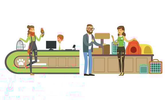 Pet Shop Interior with Seller and People Buying Animals, Feed, Accessories for their Pets Illustration vector