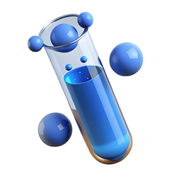 3D Render of a Blue Liquid-Filled Test Tube with Floating Spheres on a Transparent Background, on a transparent background, png