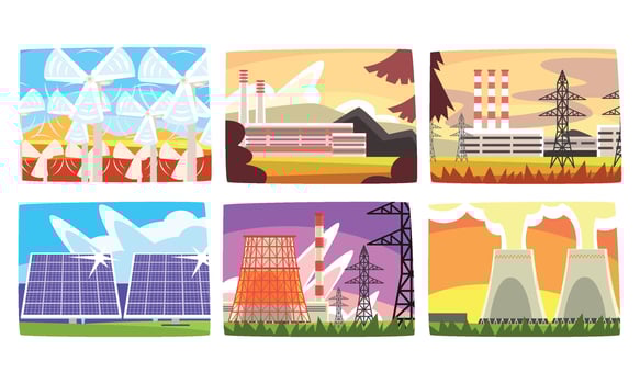 Traditional and Innovative Ecological Energy Generation Power Stations Collection, Electricity Generation Plants, Solar Panels, Power Plant Illustration vector