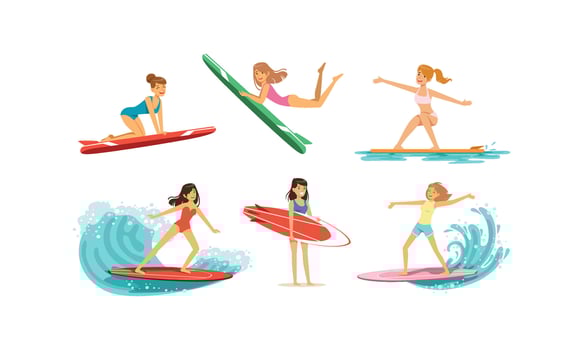 Surfing Girls Collection, Female Surfers in Swimsuits Riding Waves with Surfboards Illustration vector