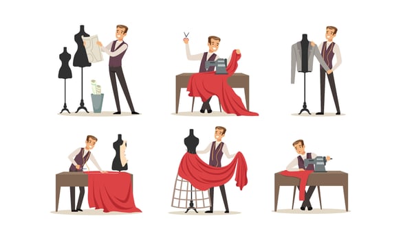 Male Clothing Designer Tailor Working at Atelier Collection, Dressmaker Making Out and Sewing Clothes by Sewing Machine Illustration vector