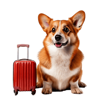 A cute corgi sitting next to a tiny rolling suitcase png