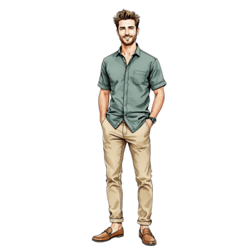 A man in a green shirt and tan pants png