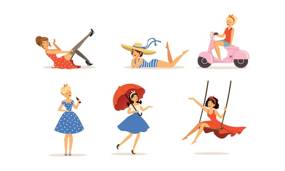Collection of Young Women Dressed Vintage Clothes, Pretty Retro Girls in Different Situations Illustration vector