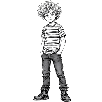A drawing of a boy with curly hair and a striped shirt png