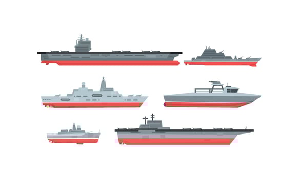 Naval Combat Ships Collection, Military Boat, Frigate, Battleship Illustration vector