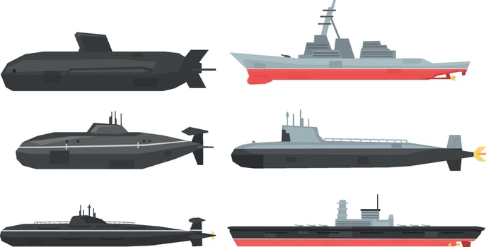 Naval Combat Ships and Submarines Collection, Military Boats, Frigates, Battleships Illustration vector