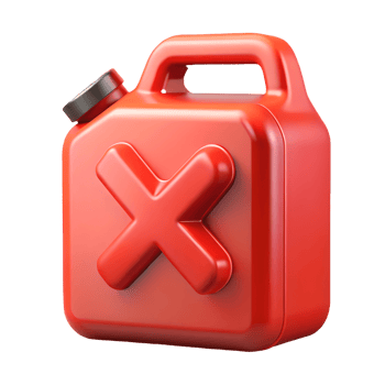 Red fuel canister with a large X symbol on a transparent background, , ideal for safety and warning signs in industrial and automotive contexts. png