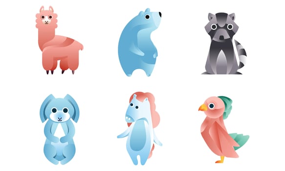 Cute Stylized Wild Animals Collection, Llama, Polar Bear, Raccoon, Hare, Horse, Bird Illustration vector