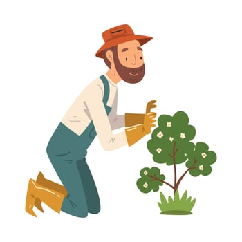 Man Gardener Looking in Admiration at Flowering Plant, Male Farmer Character Working at Garden or Farm Illustration vector