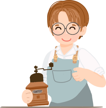 cute flat style woman girl barista in uniform using coffee grinder png