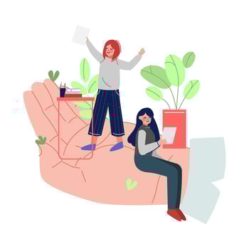 Tiny Businesswomen Working on Giant Hand, Office Staff Care, Support, Professional Growth, Personnel Perks and Benefits Illustration vector