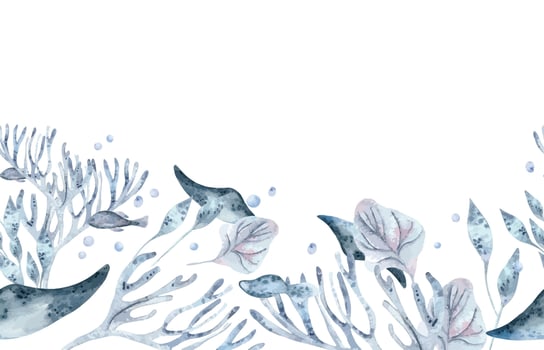 Underwater seamless border watercolor blue monochrome with coral, stingray and sea plants illustration isolated . Seabed with creatures in dusty blue and lavender hand drawn on repeated background. vector