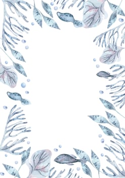 Underwater blue monochrome frame with coral, fish, and sea plants watercolor illustration isolated . Marine life fishes and bubbles in dusty blue and lavender tones hand drawn. Sea life template card vector