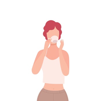 Girl Drinking Tea or Coffee, Young Woman Character Holding Cup and Enjoying of Hot Drink Flat Illustration vector