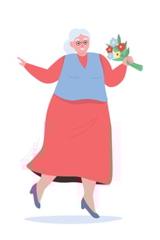 Positive active old lady with a bouquet of flowers in her hands. Happy granny dancing. flat graphics. vector
