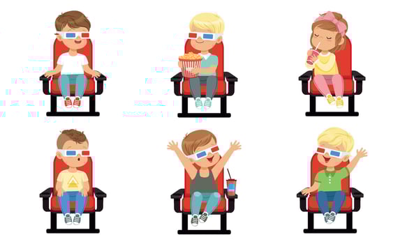 Cute Kids Watching Movie with 3D Glasses While Eating Popcorn and Drinking Soda Drink, Boys and Girls Sitting in the Cinema Illustration on White Background vector