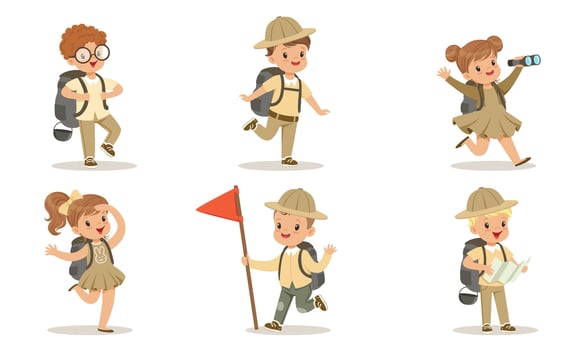 Collection of Cute Kids Scouts Camping, Adorable Boys and Girls in Uniform with Hiking Equipment Illustration on White Background vector