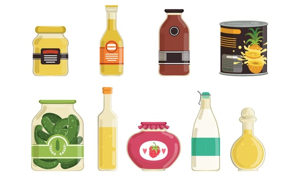 Canned Food Collection, Various Grocery Goods, Preserved Food in Sealed Cans and Jars Illustration Isolated on White Background vector