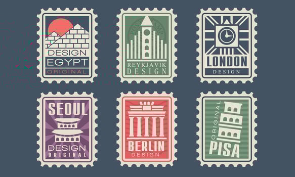 Collection of City Stamps from Different Countries with Architectural Landmarks, Egypt, Reykjavik, London, Seoul, Berlin, Pisa Illustration vector