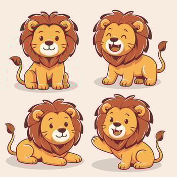 Set of Cute Lion Cartoon Characters with Various Expressions and Poses. Animal Clean Flat Illustration vector