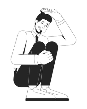 Anxious businessman in crouching position 2D line character. Burnout, emotional pressure. Worried caucasian male office worker isolated ink outline person. Monochromatic spot illustration vector