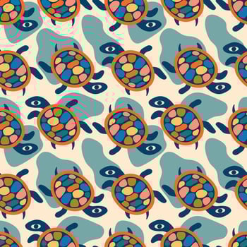 Turtle colorful seamless pattern. Turtles with vibrant patterned shells on a light background. Creative design for prints, textiles, paper, packaging vector