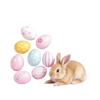 A rabbit is sitting next to a pile of easter eggs png