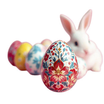 A white rabbit is sitting next to a colorful egg png
