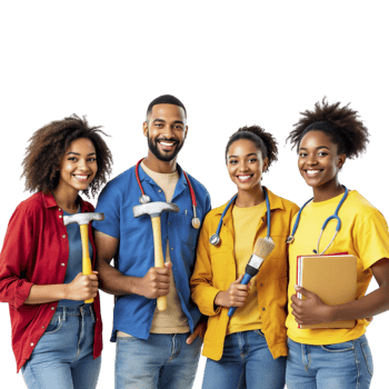 Four young people in blue shirts and yellow pants holding tools png