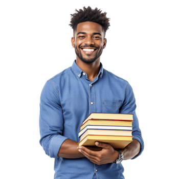 A smiling young man holding a stack of books png