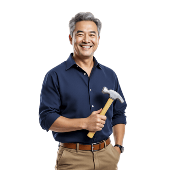 A man in a blue shirt holding a hammer png