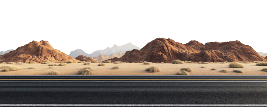 Asphalt road stretching across the desert, isolated on a transparent background png