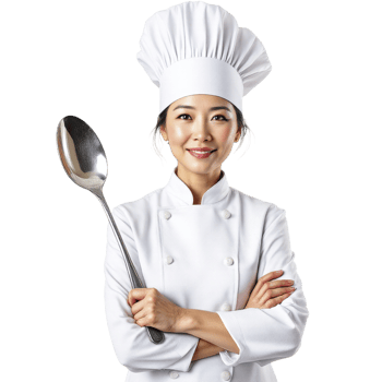 A woman in a chef's uniform holding a spoon png