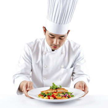 A male chef holding a plate with a salad png
