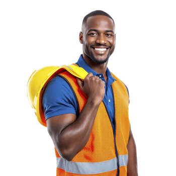 A smiling black man in an orange vest and hard hat png