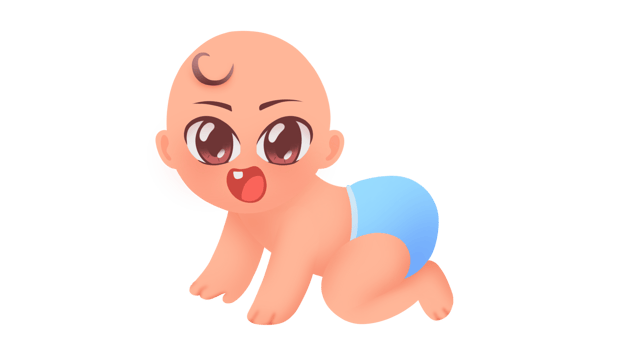 Adorable cartoon-style illustration of a crawling baby with big expressive eyes, a cheerful expression, and a blue diaper. png