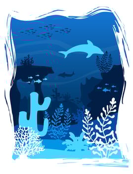Paper Cut Underwater Landscape, Dolphins, Seaweeds vector