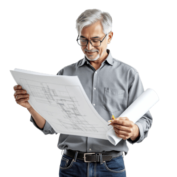 A man holding a blueprint and looking at it png