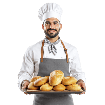 A male baker holding a tray with bread rolls png