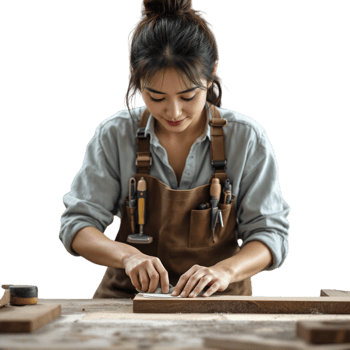A woman working on a wooden table png