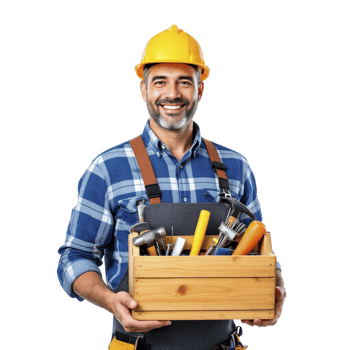 A man in a hard hat holding a wooden box with tools png