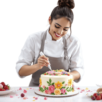 A woman in a chef's uniform is cutting a cake png