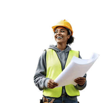 A woman in a hard hat and vest holding a blueprint png