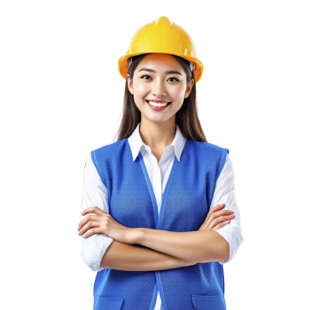 Asian woman in hard hat standing with arms crossed png
