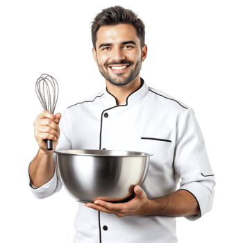 A male chef holding a mixing bowl and whisk png
