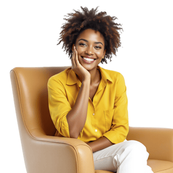 A woman sitting in a chair smiling png